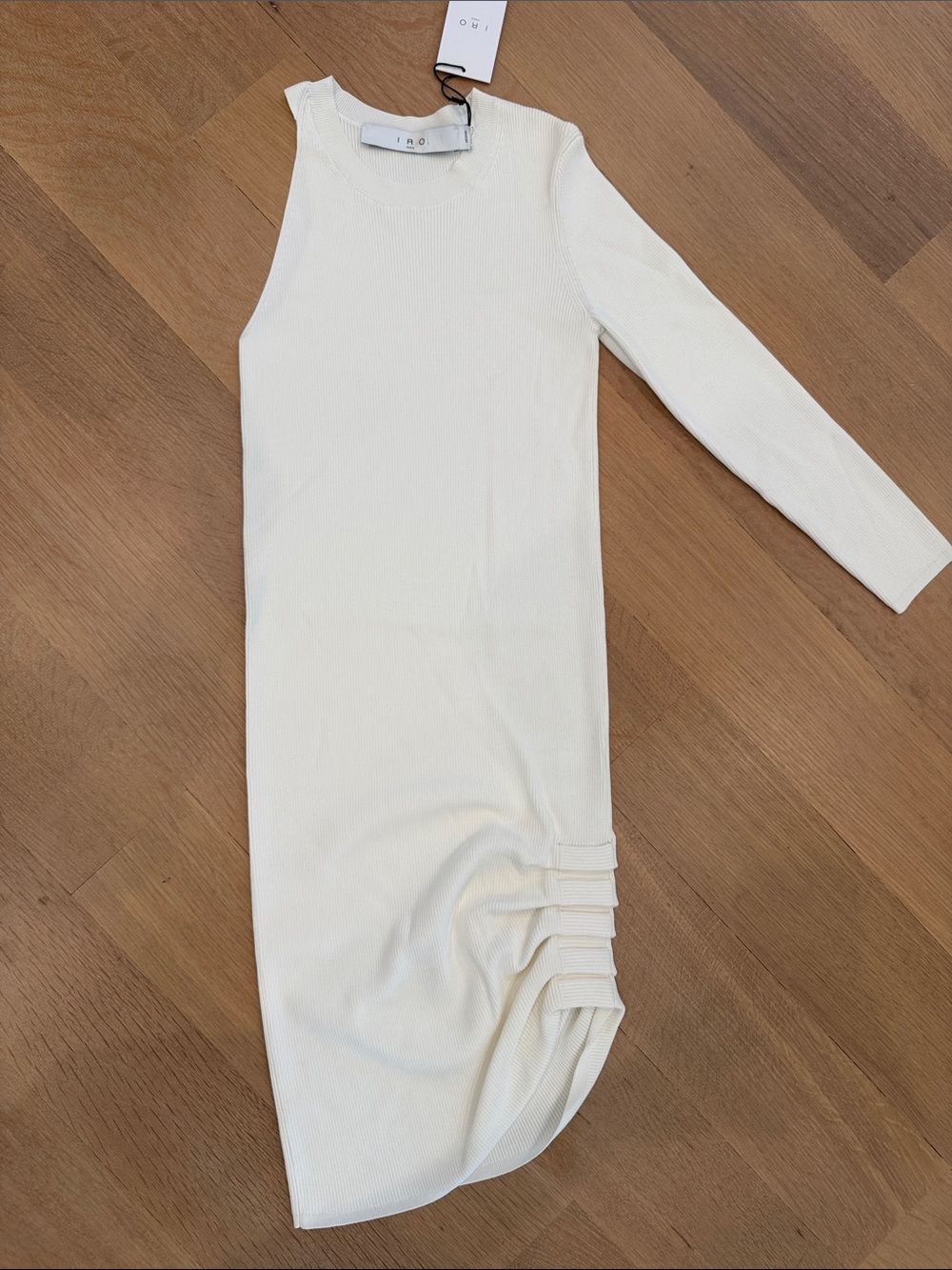 IRO Cream Asymmetrical One-Sleeve Ribbed Midi Dress